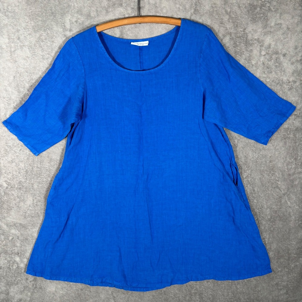 Bryn Walker Womens Medium Blue 100% Linen Short Sleeve Tunic Top with Pockets